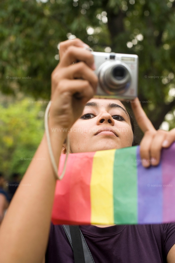 Gay pride parade in New Delhi, Delhi. Gays have been taking out a celebratory profession every year since 2008 in metropolitan cities in India. Initially the parade has been more of a protest march against article 377 of the constitution where gays are criminalised. Since 2010 when homosexuality was decriminalized it has become more of a celebratory march where gays lesbians and gay rights activists gather in colourful costumes, and sing and dance and give self adulatory speeches. (sanjay austa austa)